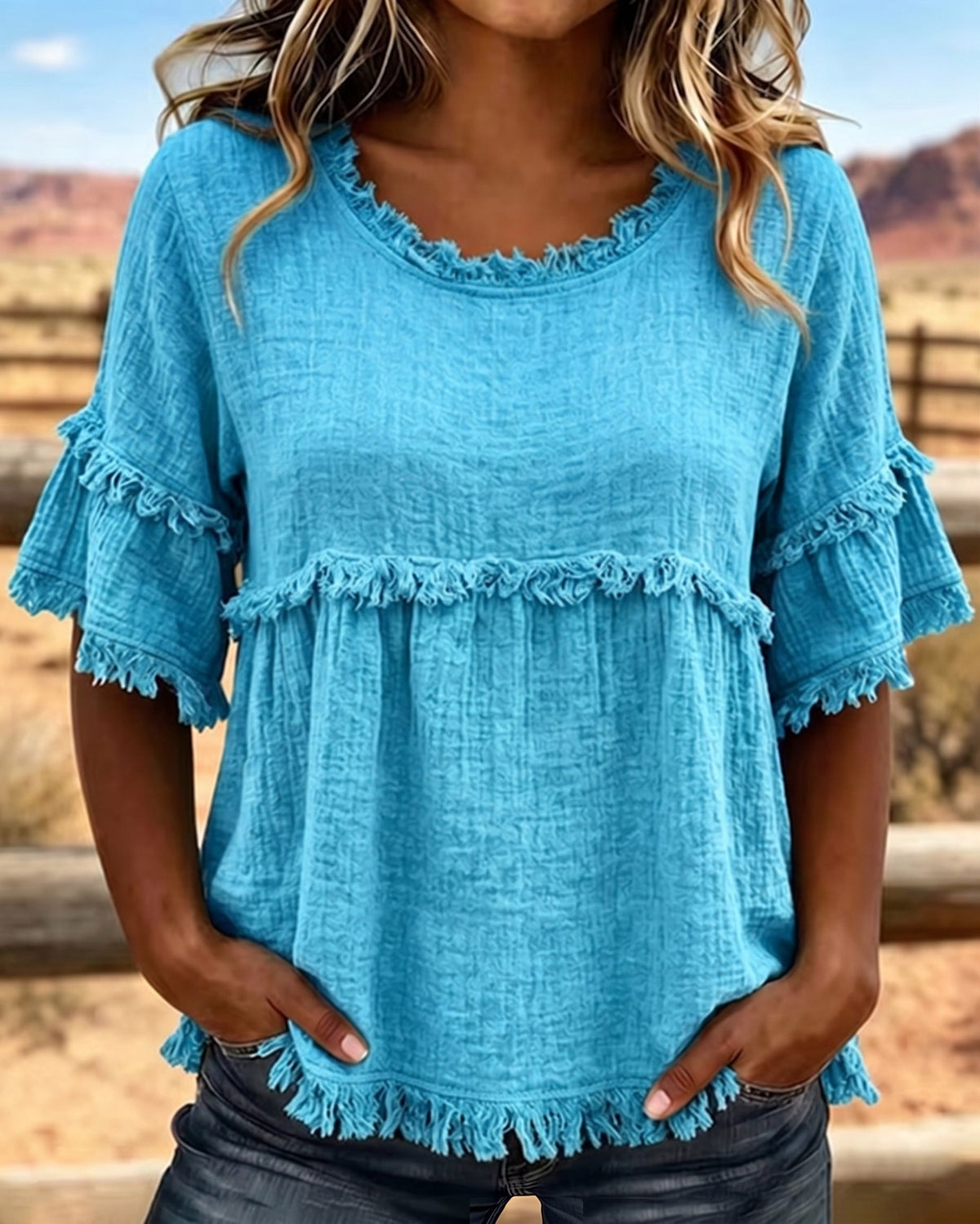 🔥LAST DAY SALE 49% OFF✨Casual Cotton Blend Fringe Trim Raw Edge Blouse