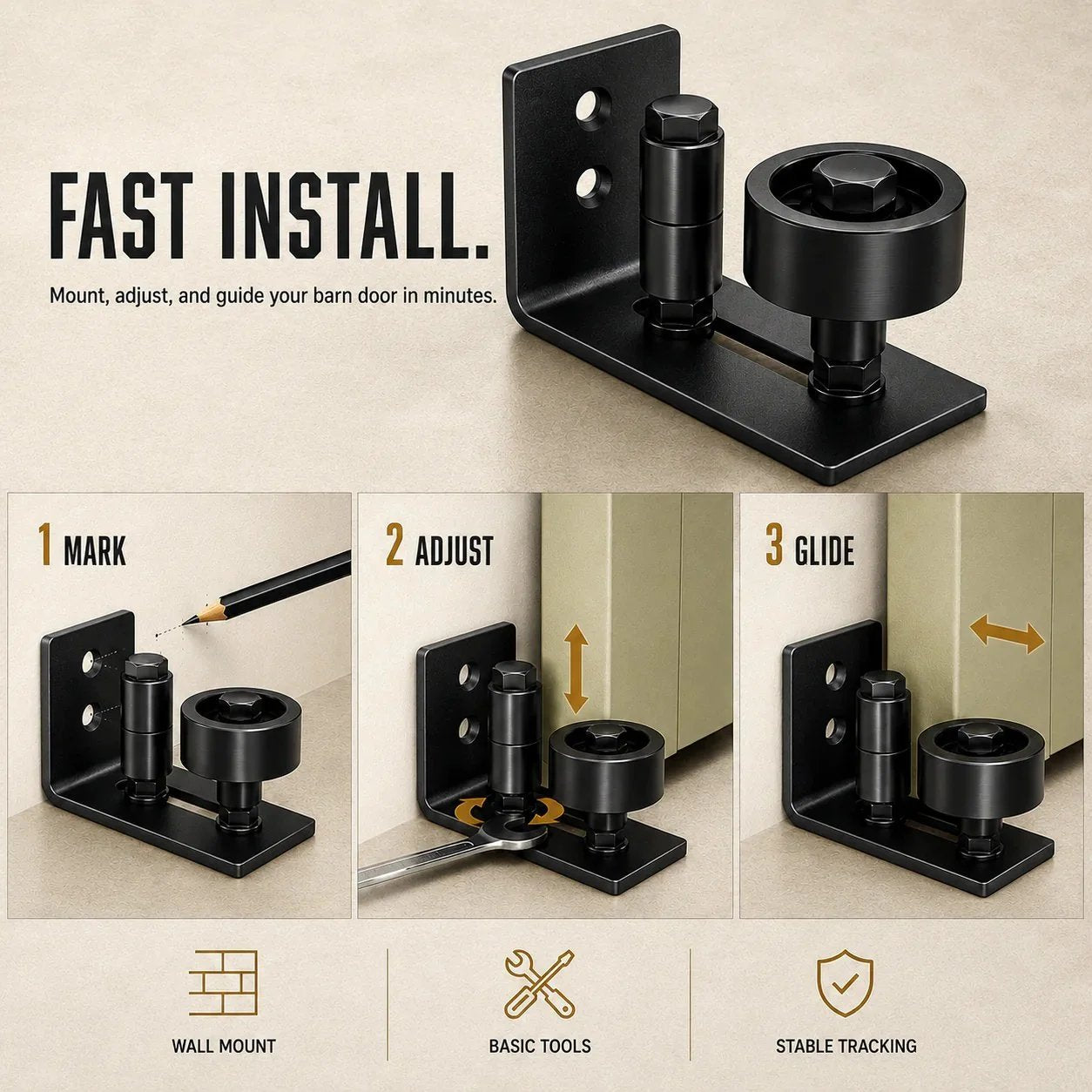 8-in-1 Adjustable Barn Door Floor Guide – Wall-Mount Stay Roller for Smooth, Stable Sliding