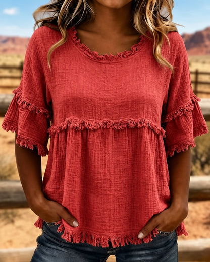 🔥LAST DAY SALE 49% OFF✨Casual Cotton Blend Fringe Trim Raw Edge Blouse